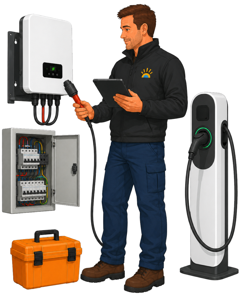 Technicien Solar-Repair installant une borne de recharge pour voiture électrique